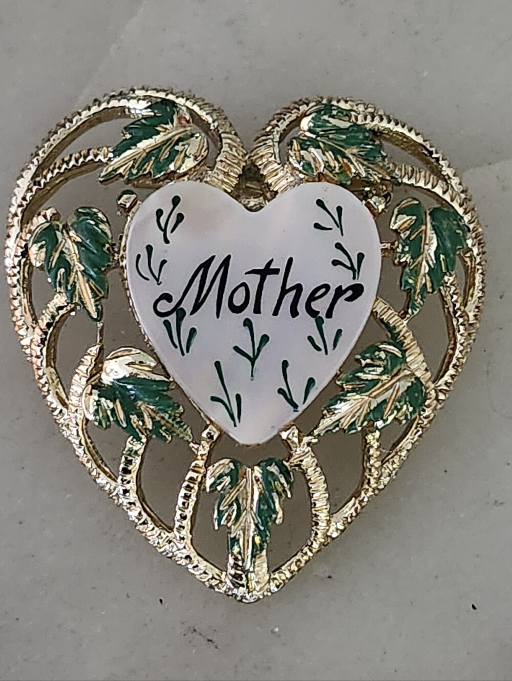 Vtg Gold Tone Heart "Mother" Brooch with Green Leaf Details